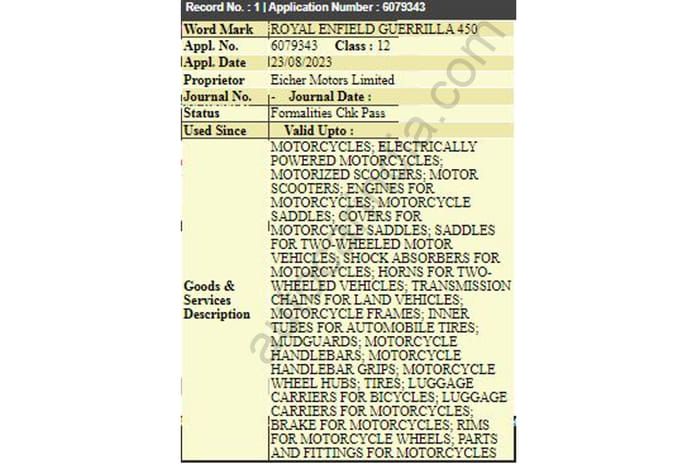 Royal Enfield Guerrilla 450 name trademark filed